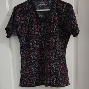 Smart Scrubs Black Short Sleeve Top with Pink and Gray Awareness Print